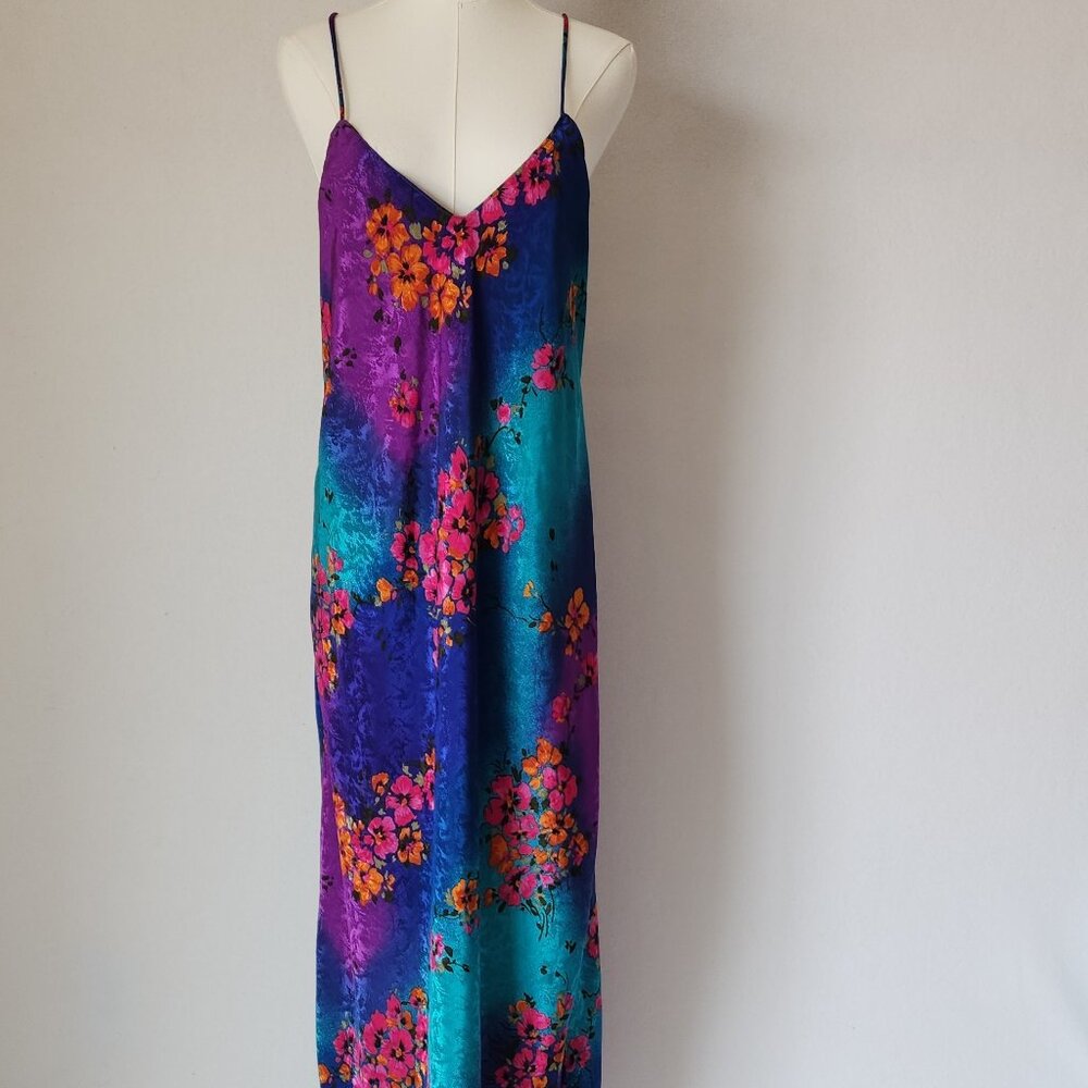 Vintage Y2K Circa 2000 Floral Satin Maxi Slip Dress Spaghetti Straps